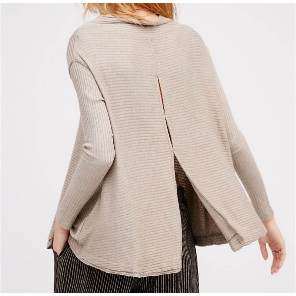 Free‎ People Lover Ribbed Sweater XS Taupe Split Back Cowl Neck Boho  Minimalist